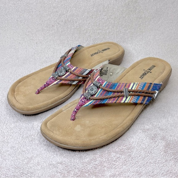 Minnetonka Striped Medallion Flip Flops Sandals-Women’s 11-Multicolor Pink/Tan - Picture 10 of 12